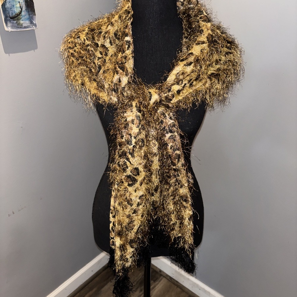 Animal Print Leopard Scarf Brown Black Fringe Eyelash Fabric Safari Artsy